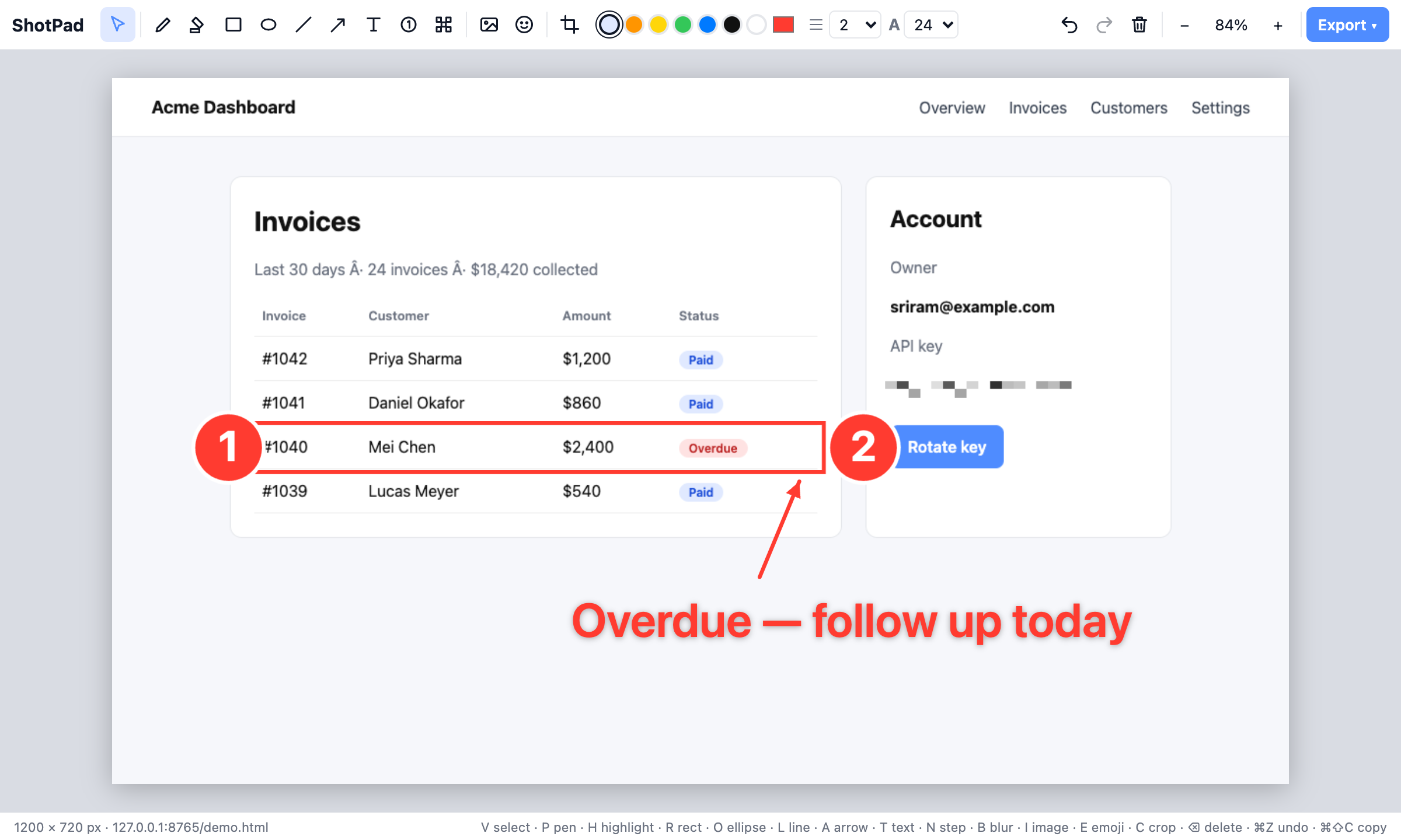 ShotPad editor with an annotated screenshot